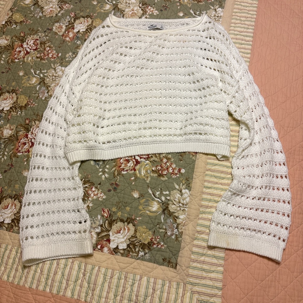 White Cropped Crochet Hollister Sweater